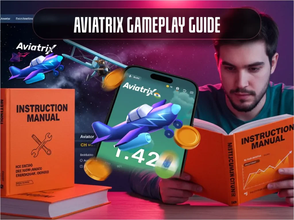 Aviatrix Gameplay Guide: Rules, Strategy, and Tips A man focuses intently on reading an orange "Instruction Manual" while an Aviatrix game screen with colorful planes and coins displays on his phone.
