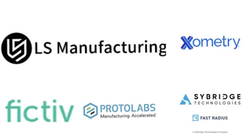 :Comparative overview of top brass CNC milling services, featuring digital platforms like Protolabs and Xometry alongside specialized high-volume manufacturer LS Manufacturing, in a modern factory control room setting.